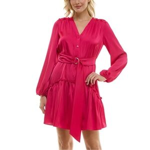 TAYLOR Hot Pink Bright Rose Valentine's Day Date Night Satin Belted Dress NWT